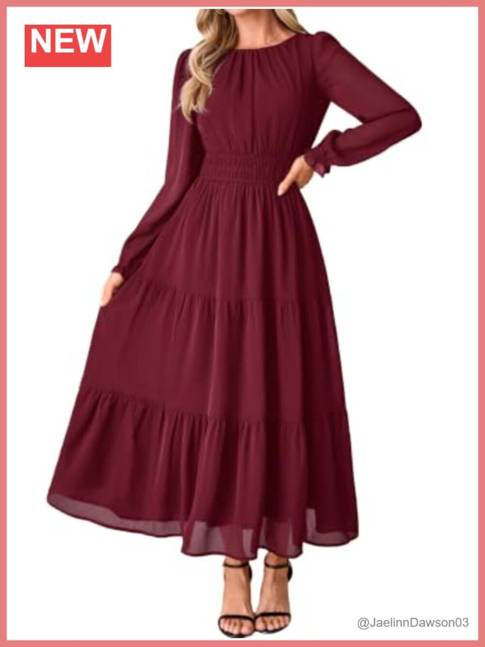Chiffon Maxi Dress Long Sleeve Smocked Empire Waist Wedding Guest